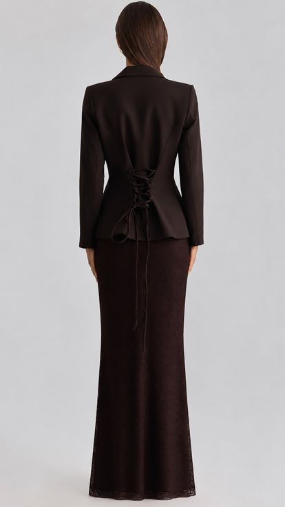 Kahverengi Güpür Etekli Blazer Abiye  Takım